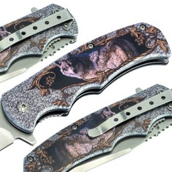 Spring Assist Knife ~ 3mm Thick Blade ~ Wolf Design - Both Sides - Image 2