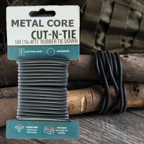 Cut-N-Tie Black Rubber (Metal Core) Tie Down (5M/16.4FT) 5mm Thick