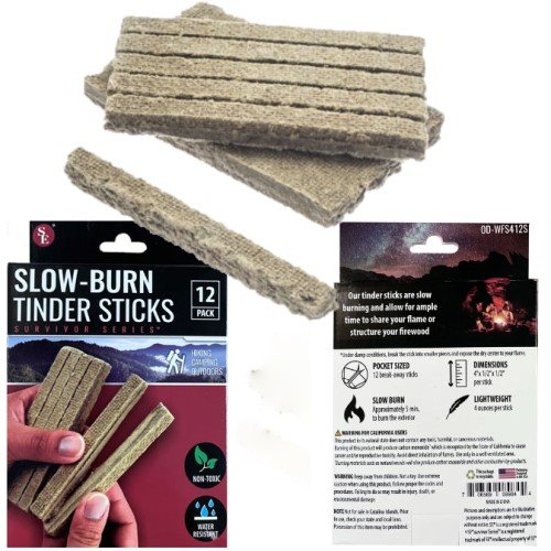 12 Pack Slow-Burn Water Resistant Tinder Sticks, Size 4"x1/2"x1/2"