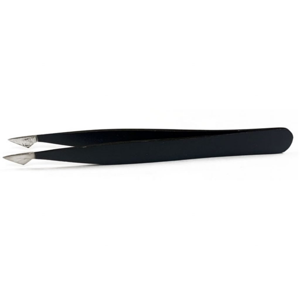 4" Pluck Tweezers (Eyebrow) Black Coated Angled / Slanted Tip